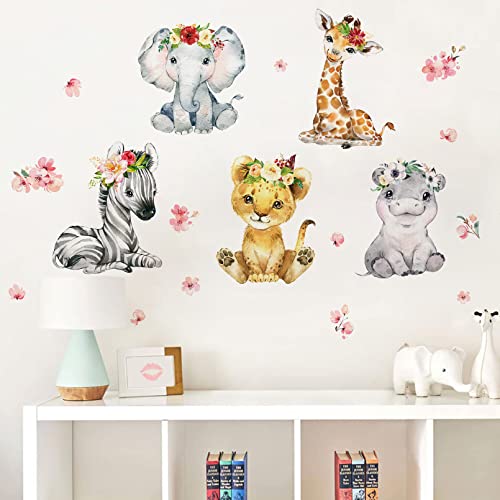 Mfault Girls Safari Jungle Baby Animals Wall Decals Stickers, African Elephant Zebra Giraffe Seahorse Lion Kids Room Nursery Decor, Watercolor Flower Decorations Toddler Bedroom Playroom Art Gift - Image 5