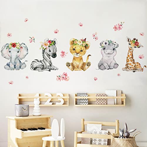 Mfault Girls Safari Jungle Baby Animals Wall Decals Stickers, African Elephant Zebra Giraffe Seahorse Lion Kids Room Nursery Decor, Watercolor Flower Decorations Toddler Bedroom Playroom Art Gift - Image 4