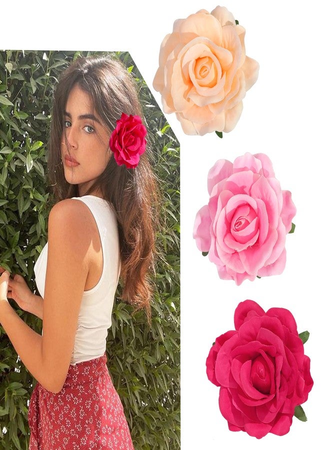 CellElection Tropical Hawaiian Hair Clips Set - 3Pcs Rose and Artificial Flower Clips for Women, Wedding, Summer Beach, Luau Party - 4 Inch - Image 1
