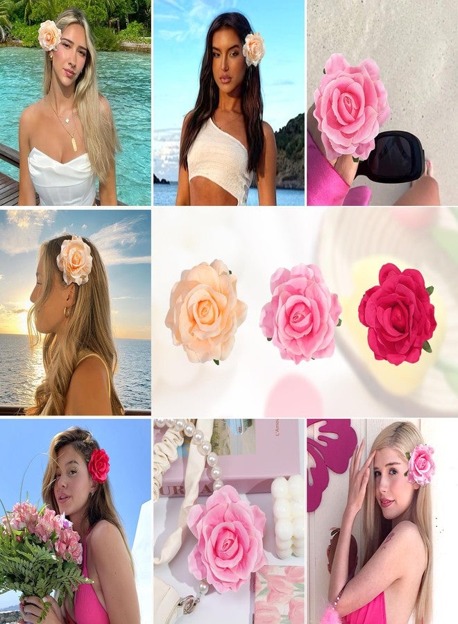 CellElection Tropical Hawaiian Hair Clips Set - 3Pcs Rose and Artificial Flower Clips for Women, Wedding, Summer Beach, Luau Party - 4 Inch - Image 2