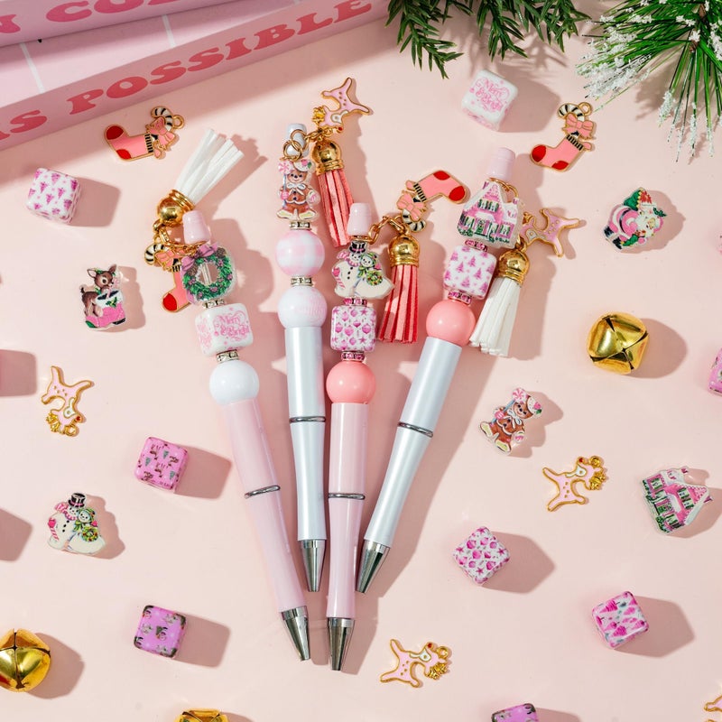 QIMGIC Christmas Beadable Pens Kit - 12 Set Xmas DIY Ballpoint Pen Making with Acrylic Bead Craft, Christmas Party Vintage Pink Beaded Pen Bulk Charm Crafting Supplies for School Student Gift - Image 4
