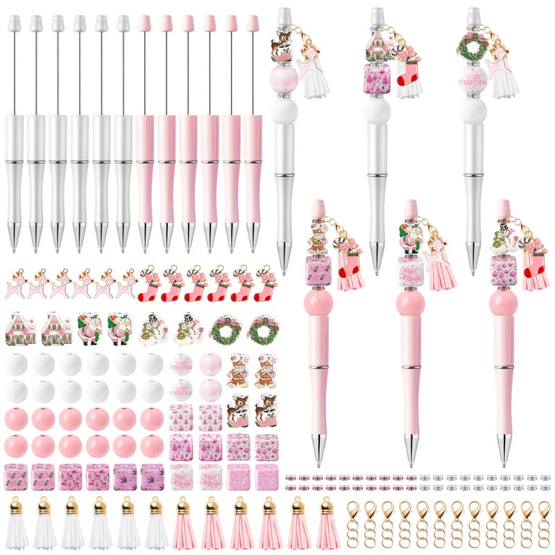 QIMGIC Christmas Beadable Pens Kit - 12 Set Xmas DIY Ballpoint Pen Making with Acrylic Bead Craft, Christmas Party Vintage Pink Beaded Pen Bulk Charm Crafting Supplies for School Student Gift - Image 1