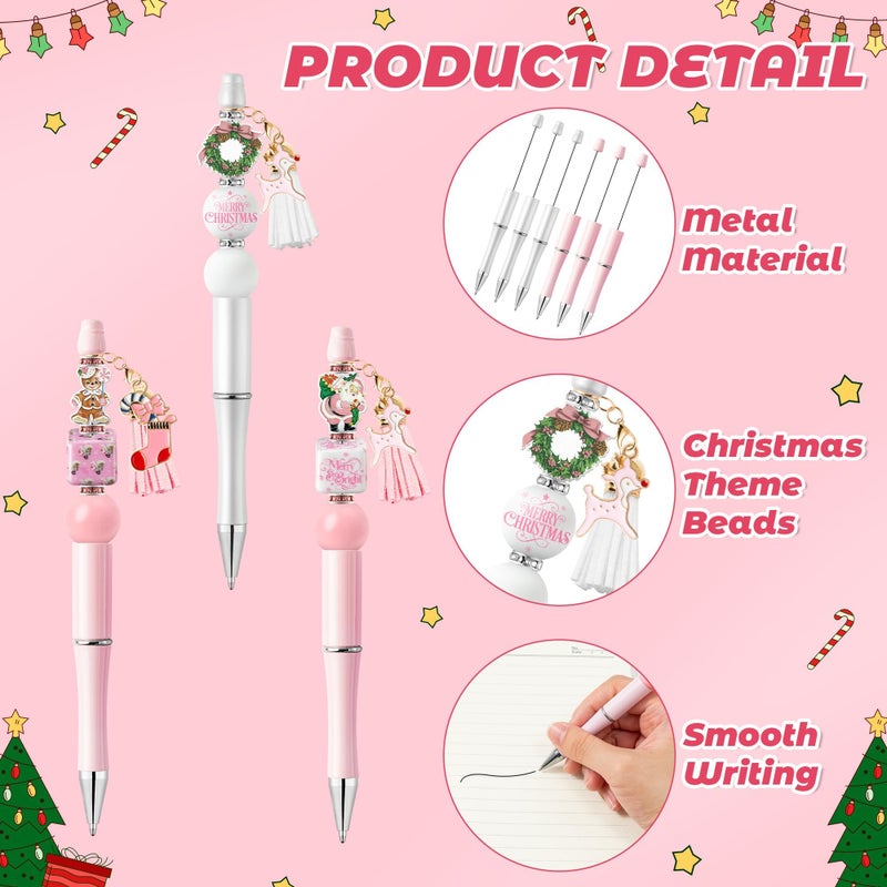 QIMGIC Christmas Beadable Pens Kit - 12 Set Xmas DIY Ballpoint Pen Making with Acrylic Bead Craft, Christmas Party Vintage Pink Beaded Pen Bulk Charm Crafting Supplies for School Student Gift - Image 3