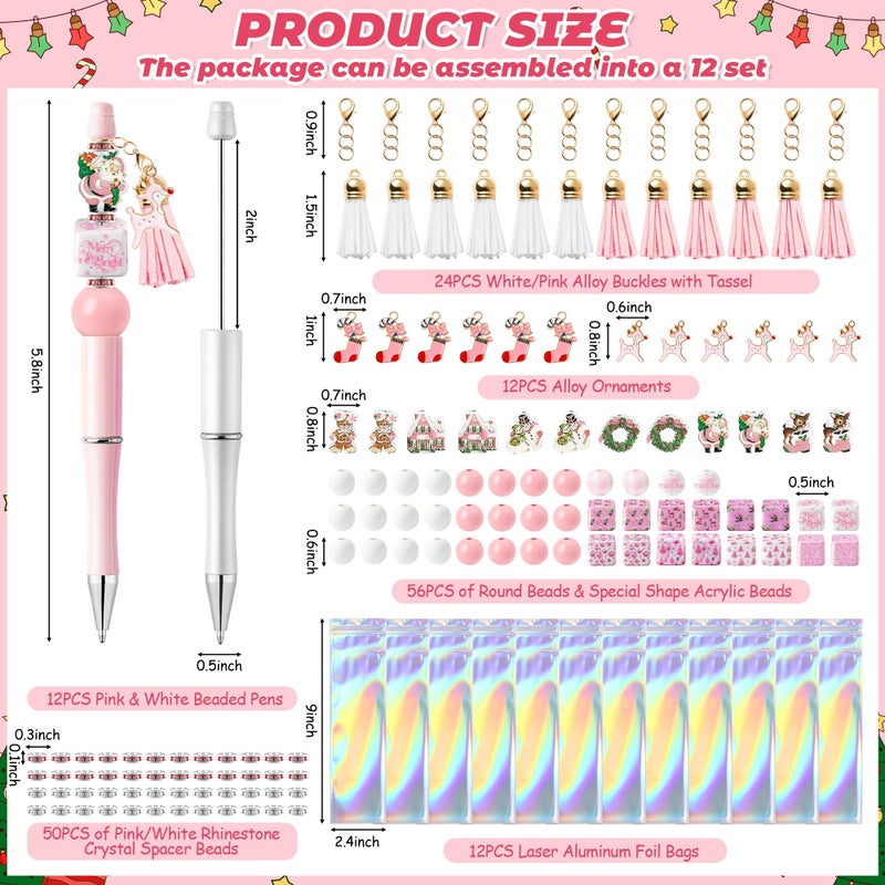 QIMGIC Christmas Beadable Pens Kit - 12 Set Xmas DIY Ballpoint Pen Making with Acrylic Bead Craft, Christmas Party Vintage Pink Beaded Pen Bulk Charm Crafting Supplies for School Student Gift - Image 2