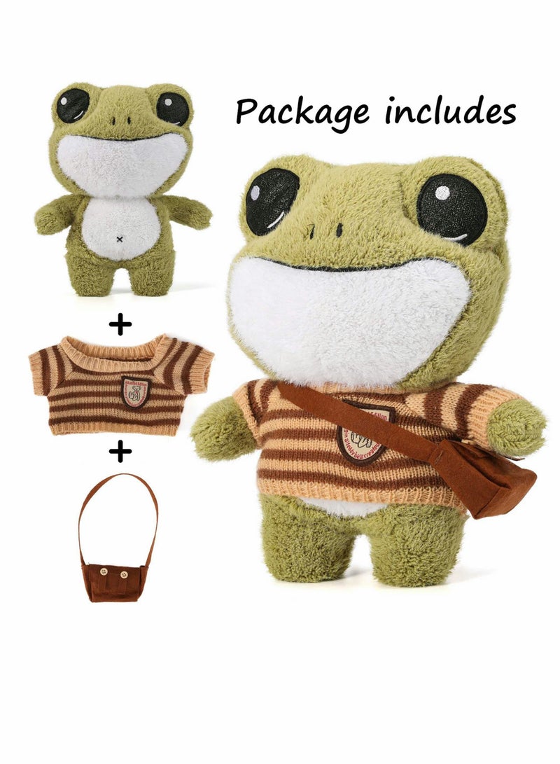 SYOSI دمية ضفدع محشوة، دمية ضفدع بطول 11.4 بوصة، ضفدع محشوة رقيقة ولطيفة متنوعة كرتونية باللون الأخضر مع ملابس وحقيبة، ضفدع محشوة واقف هدية للأطفال الفتيات والأولاد - Image 2