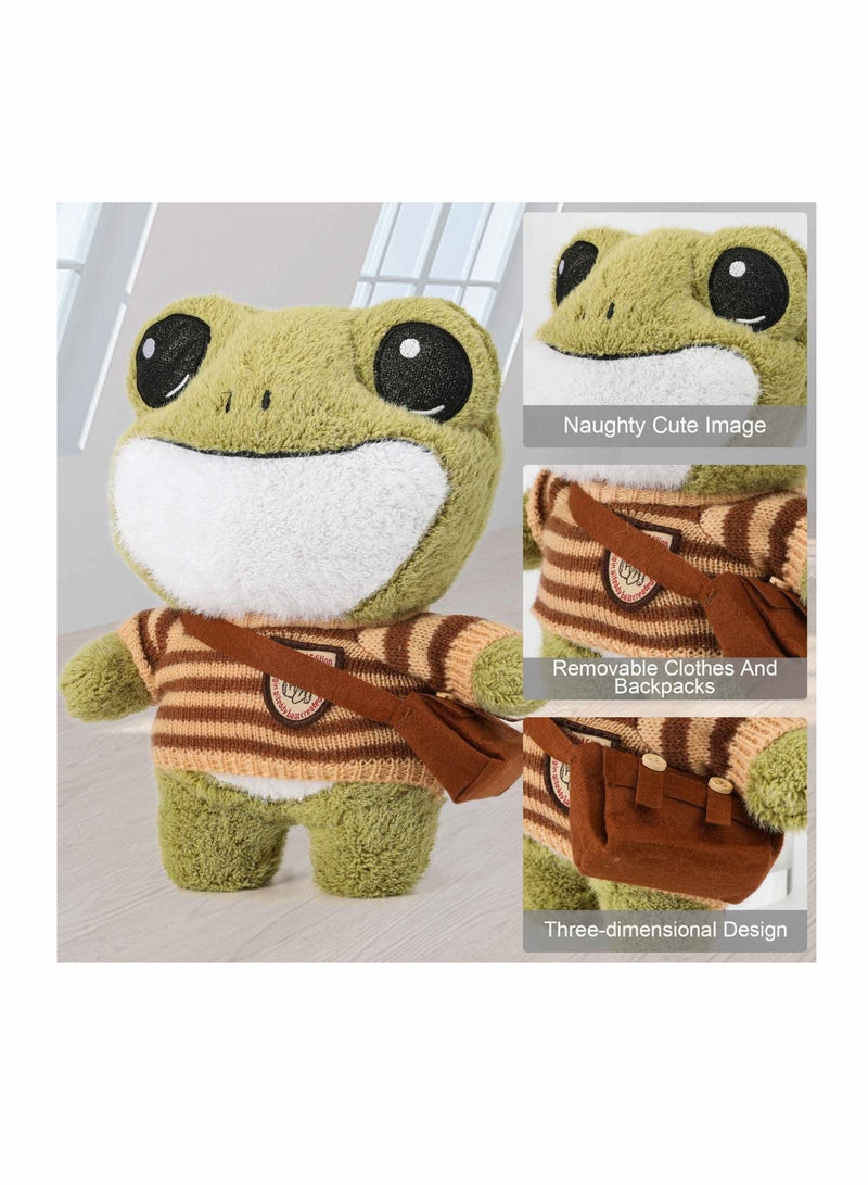 SYOSI دمية ضفدع محشوة، دمية ضفدع بطول 11.4 بوصة، ضفدع محشوة رقيقة ولطيفة متنوعة كرتونية باللون الأخضر مع ملابس وحقيبة، ضفدع محشوة واقف هدية للأطفال الفتيات والأولاد - Image 3