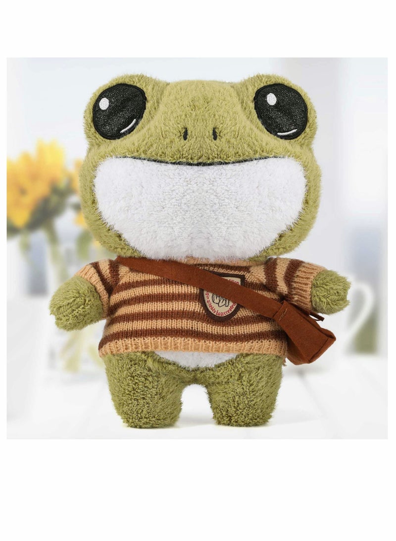 SYOSI دمية ضفدع محشوة، دمية ضفدع بطول 11.4 بوصة، ضفدع محشوة رقيقة ولطيفة متنوعة كرتونية باللون الأخضر مع ملابس وحقيبة، ضفدع محشوة واقف هدية للأطفال الفتيات والأولاد - Image 1