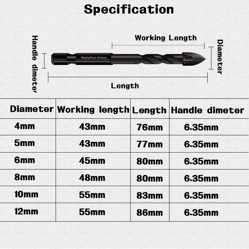 Mgtgbao 10PC Masonry Drill Bits, Mgtgbao Concrete Drill Bit Set for Tile,Brick, Plastic and Wood,Tungsten Carbide Tip Best for Wall Mirror and Ceramic Tile on Concrete and Brick Wall with Size 5mm to 12mm - Image 4