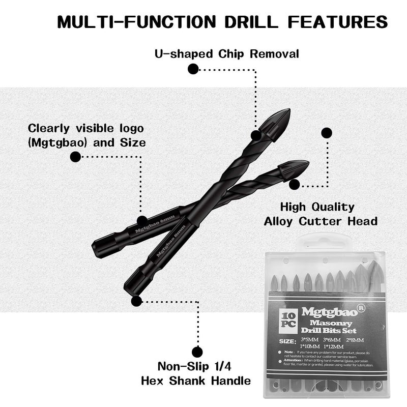 Mgtgbao 10PC Masonry Drill Bits, Mgtgbao Concrete Drill Bit Set for Tile,Brick, Plastic and Wood,Tungsten Carbide Tip Best for Wall Mirror and Ceramic Tile on Concrete and Brick Wall with Size 5mm to 12mm - Image 5