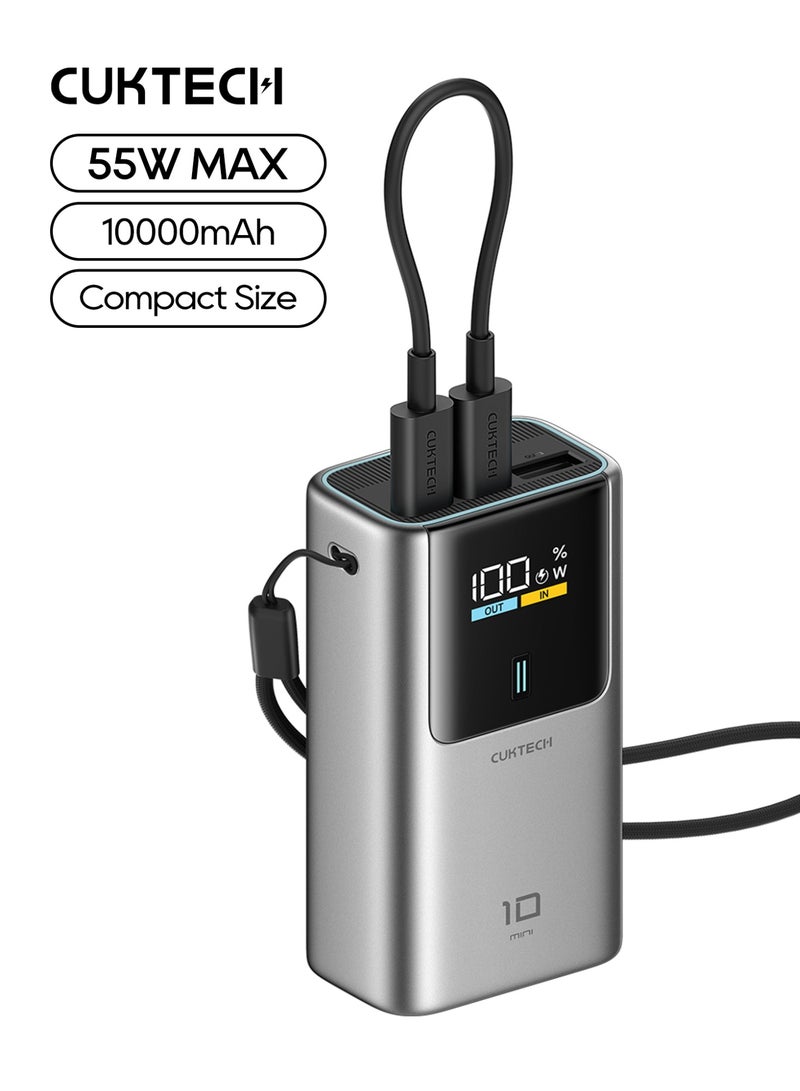 CUKTECH 10mini Power Bank, 10000mAh Compact Pocket Portable Charger 55W MAX Fast Charging Battery Pack With Smart LED Display For iPhone, Samsung, Xiaomi & AirPods - Grey - Image 1