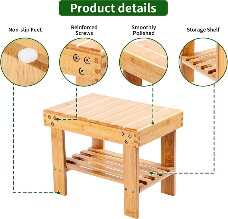 VaeFae Bamboo Small Seat Stool for Kids, Foot Rest Shaving Stool,Storage Shelf, Durable Lightweight and Anti Slip, for Home, Bathroom,Bedside | Nursery School - Image 4