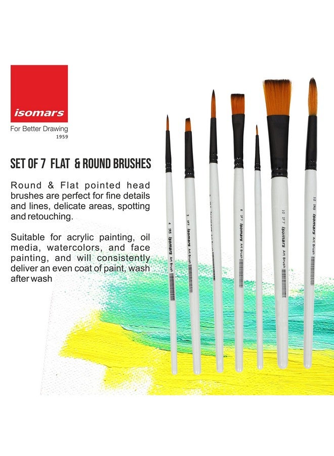 Isomars Drawing Brush Set for Painting Set of 7-Round and Flat Mix with A4 Sketch Pad & Colour Mixing Palette(Wood) - Image 3