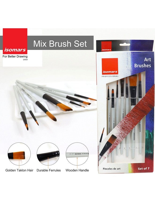 Isomars Drawing Brush Set for Painting Set of 7-Round and Flat Mix with A4 Sketch Pad & Colour Mixing Palette(Wood) - Image 4