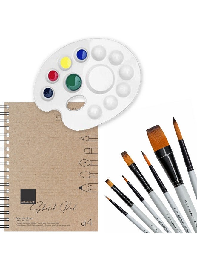 Isomars Drawing Brush Set for Painting Set of 7-Round and Flat Mix with A4 Sketch Pad & Colour Mixing Palette(Wood) - Image 1