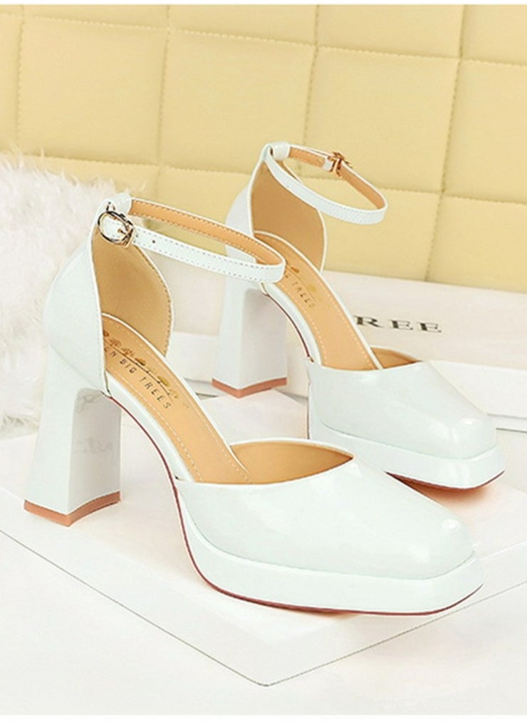 BIGTREE Womens Patent Leather Platform Chunky High Heel Square Closed Toe Pumps White 9CM  - Image 2