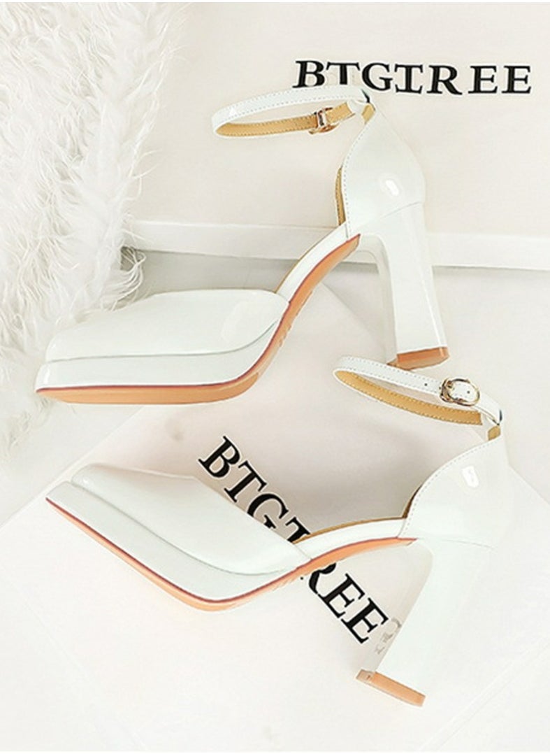 BIGTREE Womens Patent Leather Platform Chunky High Heel Square Closed Toe Pumps White 9CM  - Image 3
