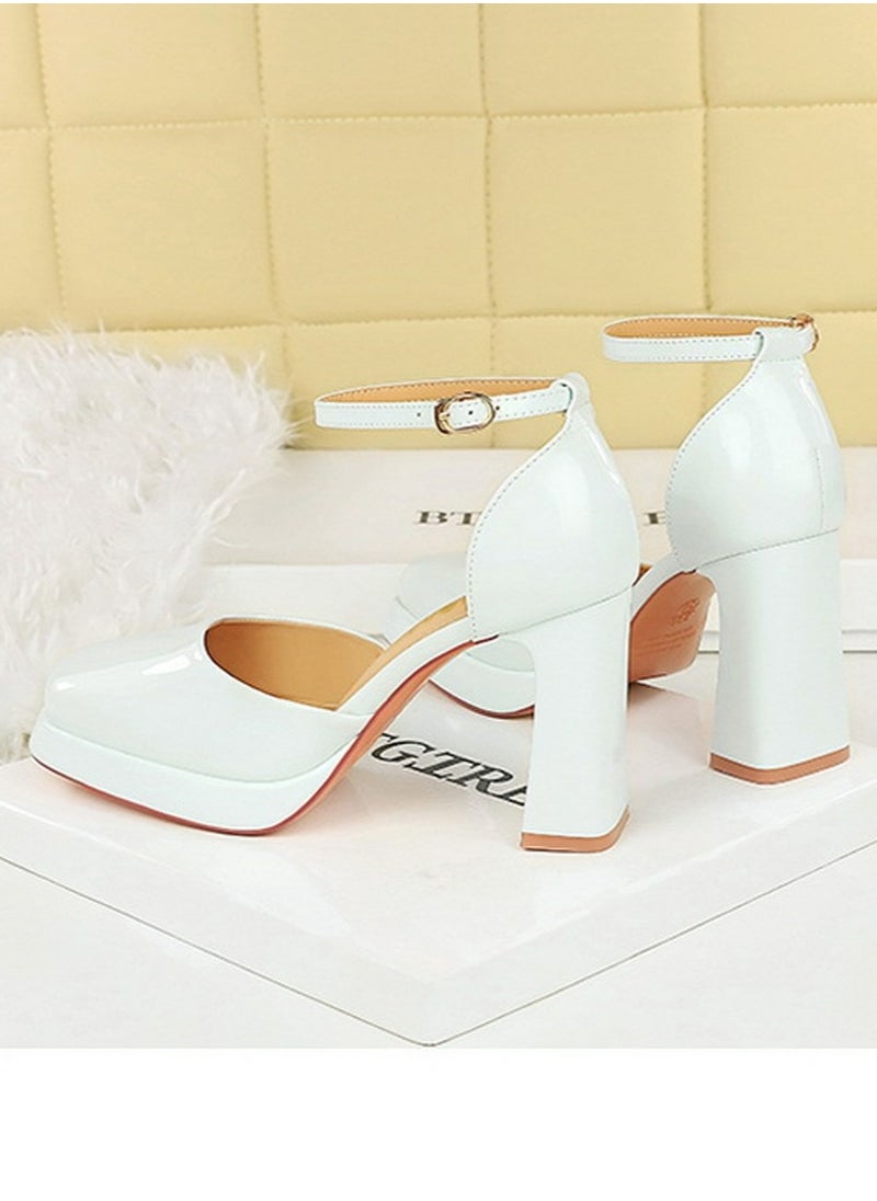 BIGTREE Womens Patent Leather Platform Chunky High Heel Square Closed Toe Pumps White 9CM  - Image 4