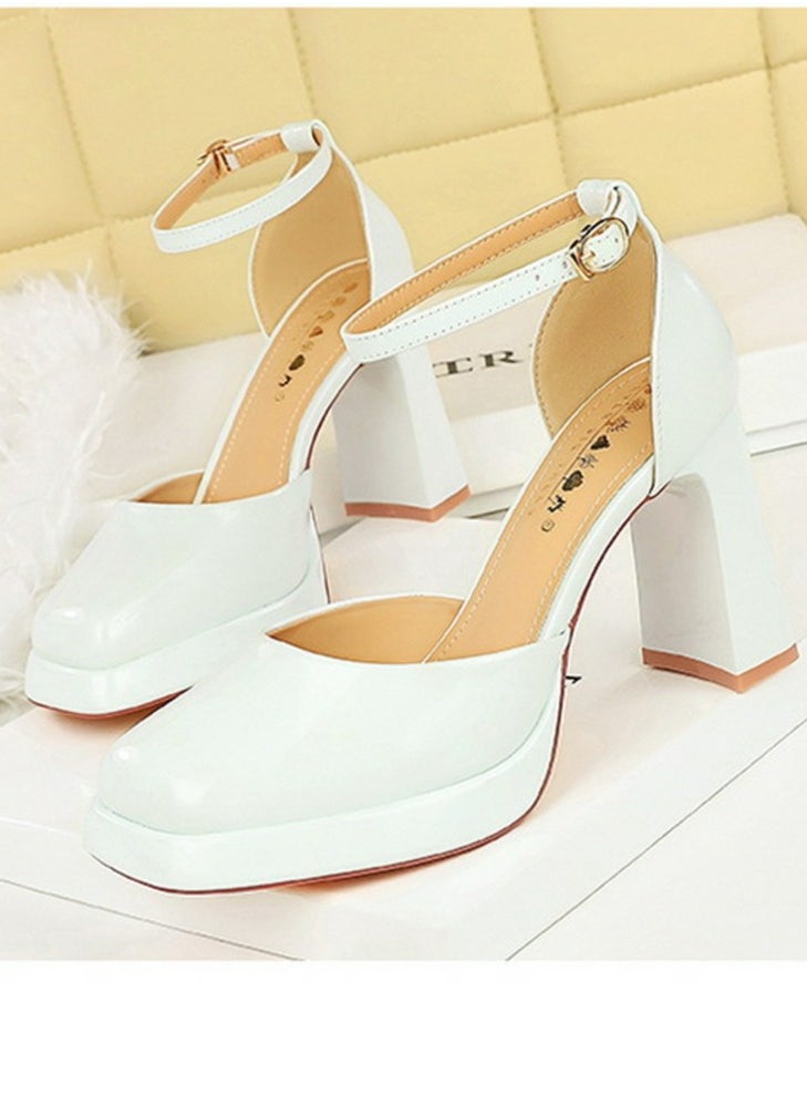 BIGTREE Womens Patent Leather Platform Chunky High Heel Square Closed Toe Pumps White 9CM  - Image 1