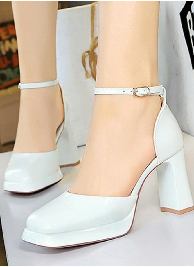 BIGTREE Womens Patent Leather Platform Chunky High Heel Square Closed Toe Pumps White 9CM  - Image 5