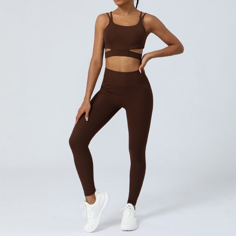 New Cloud Ribbed Yoga Set Womens Fitness Suit Deep chestnut coffee 