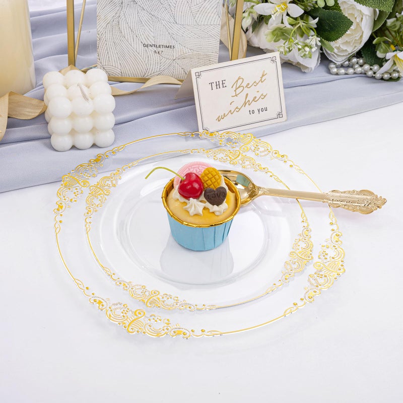 Joyido 102PCS Clear Gold Plastic Plates - Clear Disposable Plates with Gold Rim - Clear Party Plates Include 51PCS 7.5inch Dessert Plates  51PCS 10.25inch Dinner Plates for Weddings & Parties - Image 2