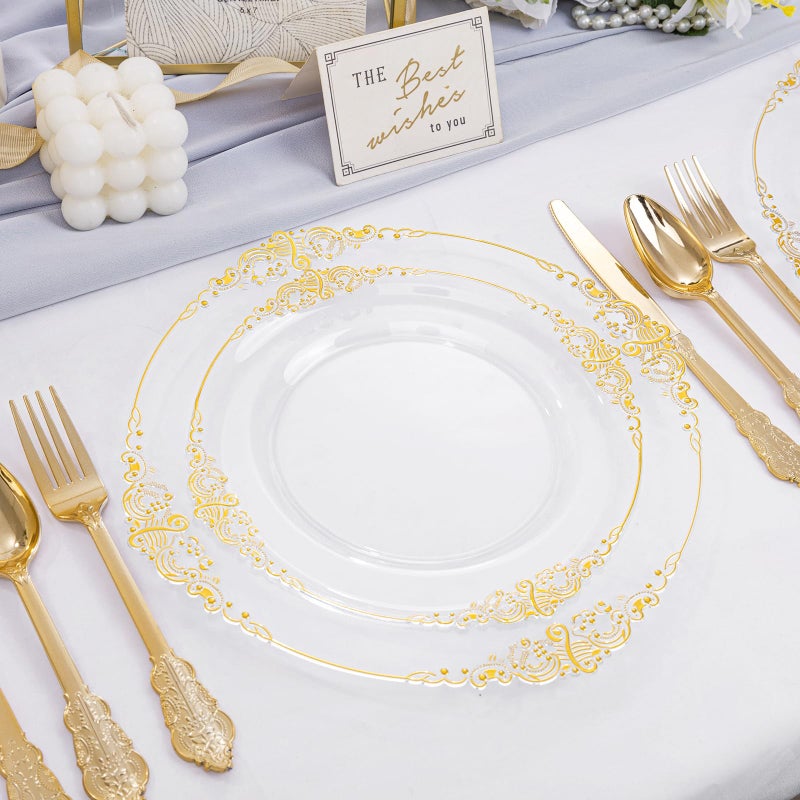 Joyido 102PCS Clear Gold Plastic Plates - Clear Disposable Plates with Gold Rim - Clear Party Plates Include 51PCS 7.5inch Dessert Plates  51PCS 10.25inch Dinner Plates for Weddings & Parties - Image 3