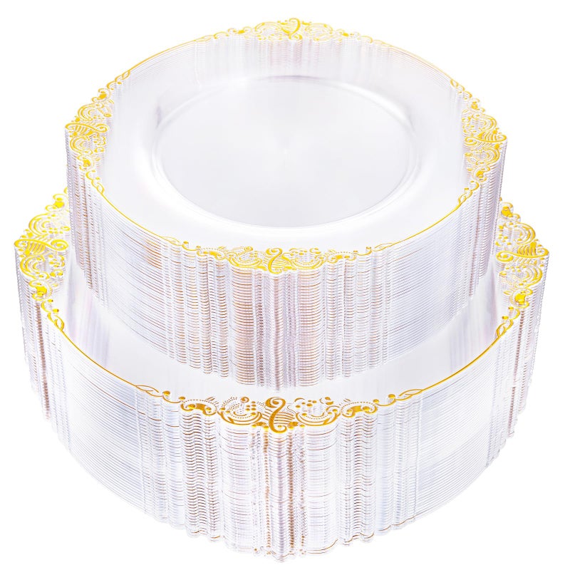 Joyido 102PCS Clear Gold Plastic Plates - Clear Disposable Plates with Gold Rim - Clear Party Plates Include 51PCS 7.5inch Dessert Plates  51PCS 10.25inch Dinner Plates for Weddings & Parties - Image 1