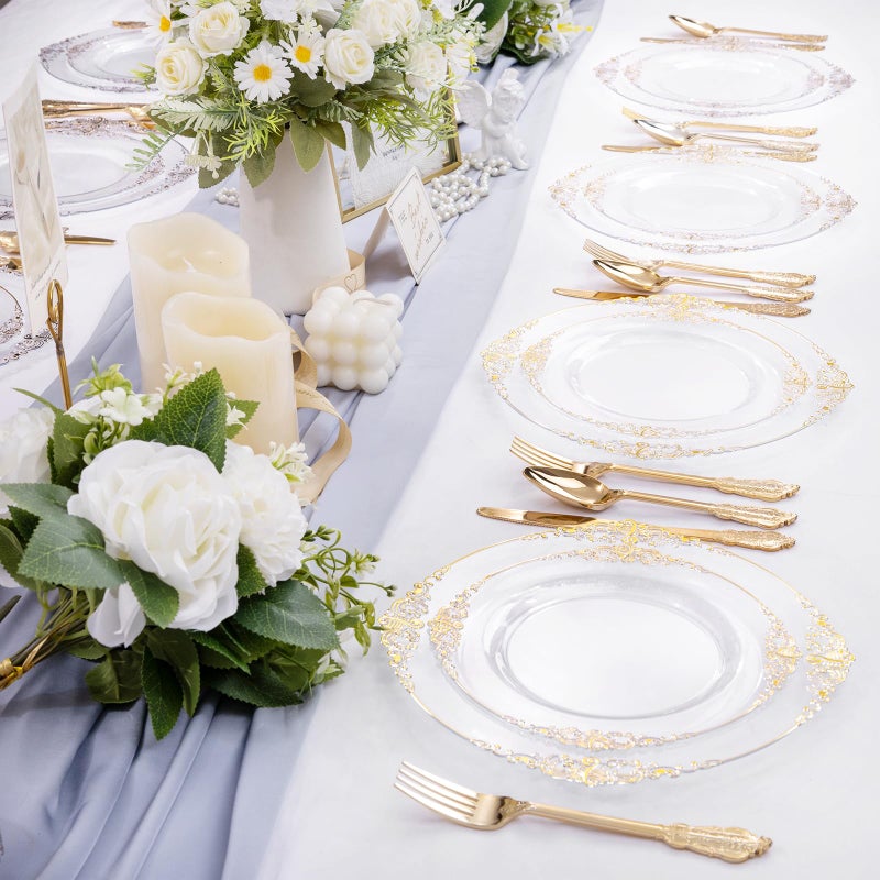 Joyido 102PCS Clear Gold Plastic Plates - Clear Disposable Plates with Gold Rim - Clear Party Plates Include 51PCS 7.5inch Dessert Plates  51PCS 10.25inch Dinner Plates for Weddings & Parties - Image 5