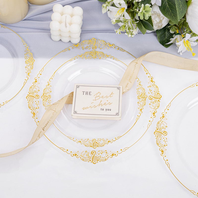 Joyido 102PCS Clear Gold Plastic Plates - Clear Disposable Plates with Gold Rim - Clear Party Plates Include 51PCS 7.5inch Dessert Plates  51PCS 10.25inch Dinner Plates for Weddings & Parties - Image 4
