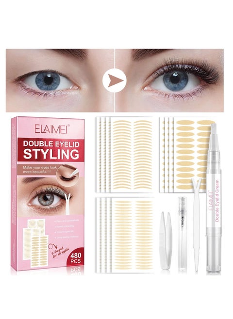 480 Pieces Double Eyelid Styling Kit Eyelid Tape Breathable and Waterproof Eyelid Lifter Strips Invisible Lids Double Eyelid Strips with Fork Rods and Tweezers for Droopy Uneven Hooded Eyes