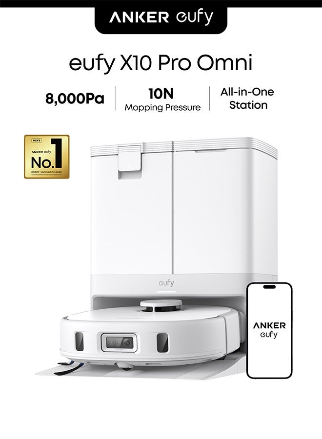 eufy X10 Pro Omni Robot Vacuum and Mop with 8,000 Pa Suction, Dual Mops with 12 mm Auto-Lift and Carpet Detection, AI Obstacle Avoidance, Auto Mop Washing, Self-Drying, Self-Emptying, Self-Refilling 50 W T2351 White - Image 1