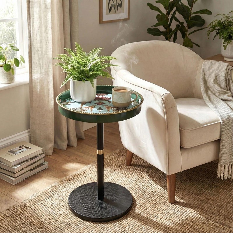 Simmer Stone Boho Round Side Table With Tray Top, Pedestal Drink Table for Small Spaces, Aesthetic Accent Nightstand for Living Room, Bedroom, Corners, and Office (Green leopard) - Image 2