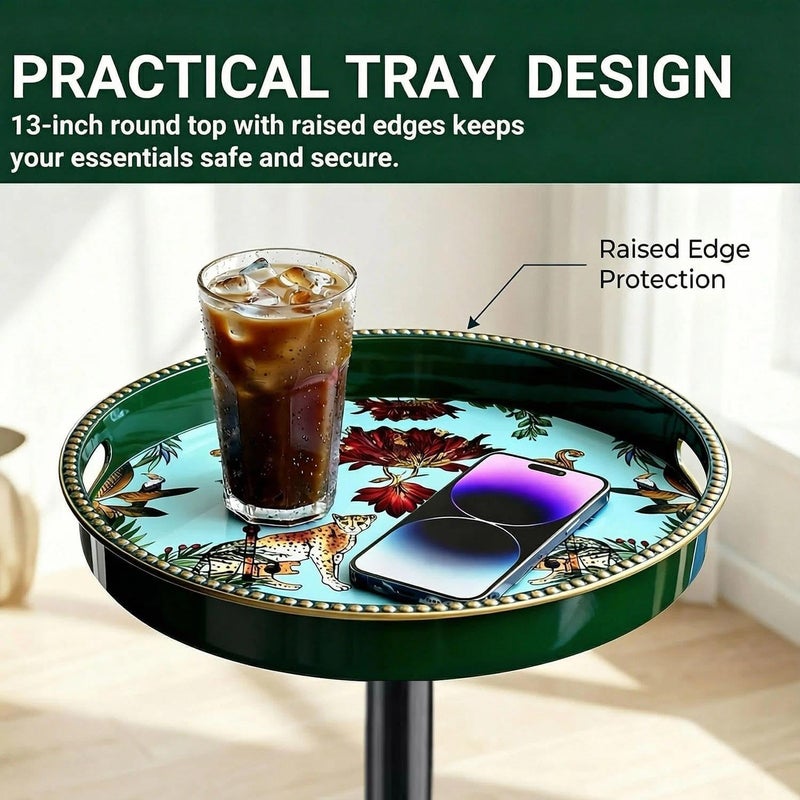 Simmer Stone Boho Round Side Table With Tray Top, Pedestal Drink Table for Small Spaces, Aesthetic Accent Nightstand for Living Room, Bedroom, Corners, and Office (Green leopard) - Image 5