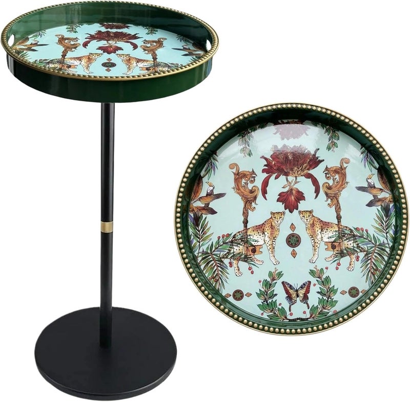 Simmer Stone Boho Round Side Table With Tray Top, Pedestal Drink Table for Small Spaces, Aesthetic Accent Nightstand for Living Room, Bedroom, Corners, and Office (Green leopard) - Image 1