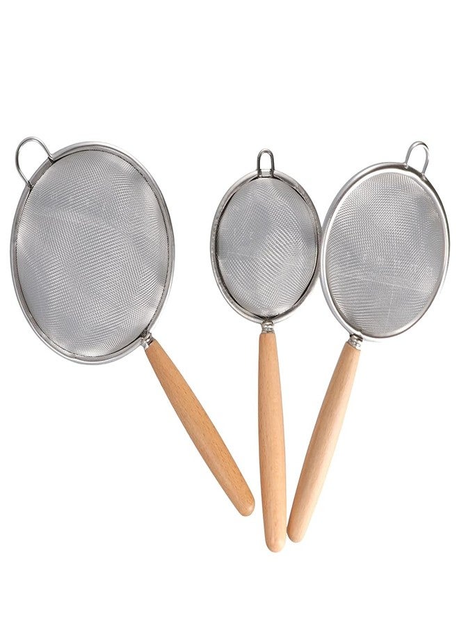Pokinge 3 Pcs Kitchen Fine Mesh Strainers, Stainless Steel Wire Mesh Oil Strainer Skimmer with Wood Handle, Durable Flour Colander Filter Baking Tool(3 pcs) - Image 1