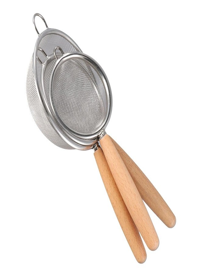 Pokinge 3 Pcs Kitchen Fine Mesh Strainers, Stainless Steel Wire Mesh Oil Strainer Skimmer with Wood Handle, Durable Flour Colander Filter Baking Tool(3 pcs) - Image 5