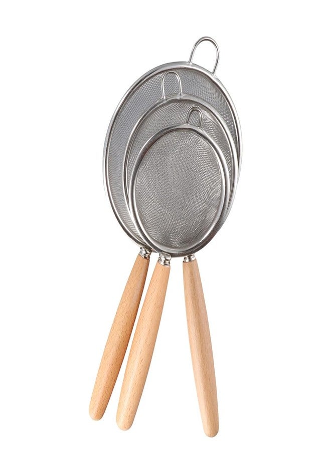 Pokinge 3 Pcs Kitchen Fine Mesh Strainers, Stainless Steel Wire Mesh Oil Strainer Skimmer with Wood Handle, Durable Flour Colander Filter Baking Tool(3 pcs) - Image 2