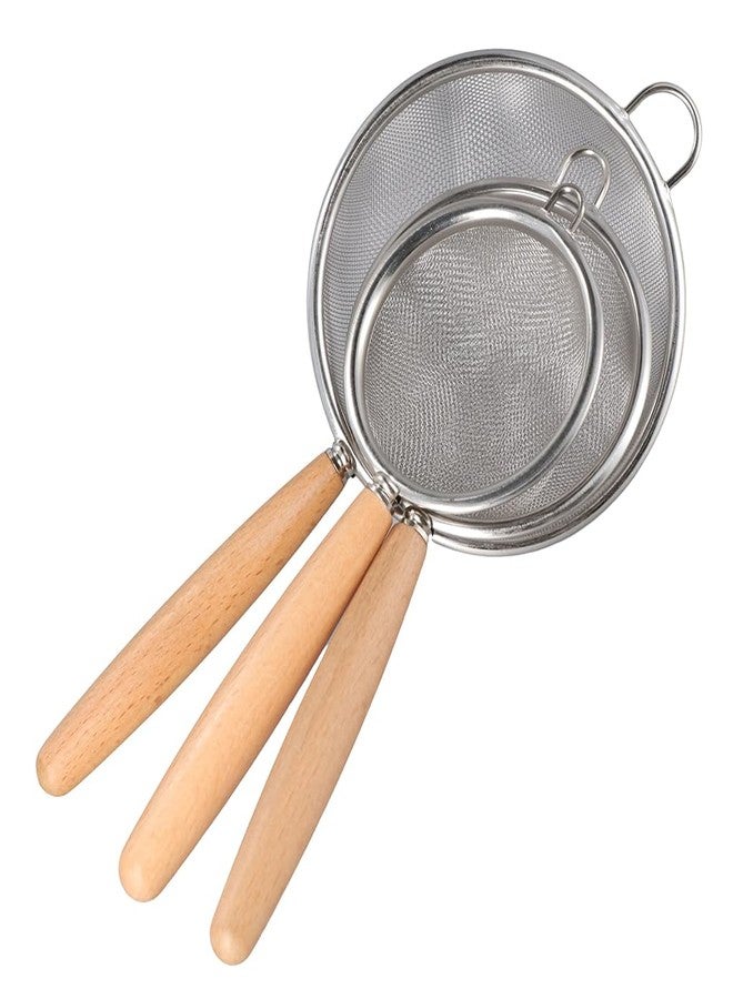 Pokinge 3 Pcs Kitchen Fine Mesh Strainers, Stainless Steel Wire Mesh Oil Strainer Skimmer with Wood Handle, Durable Flour Colander Filter Baking Tool(3 pcs) - Image 3