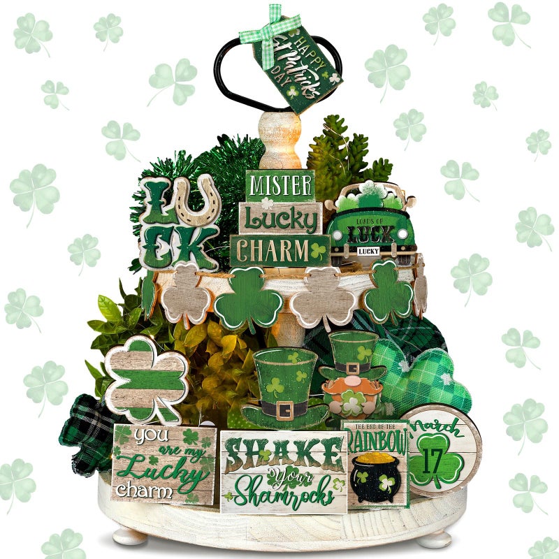 Ferraycle 16 Pcs St. Patrick's Day Tiered Tray Decor Set Shamrock Gnome Truck Wood Sign Rustic Irish Theme Table Centerpiece Tabletop for Home Table(Clover) - Image 1