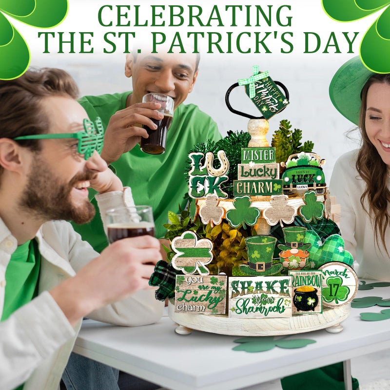 Ferraycle 16 Pcs St. Patrick's Day Tiered Tray Decor Set Shamrock Gnome Truck Wood Sign Rustic Irish Theme Table Centerpiece Tabletop for Home Table(Clover) - Image 4