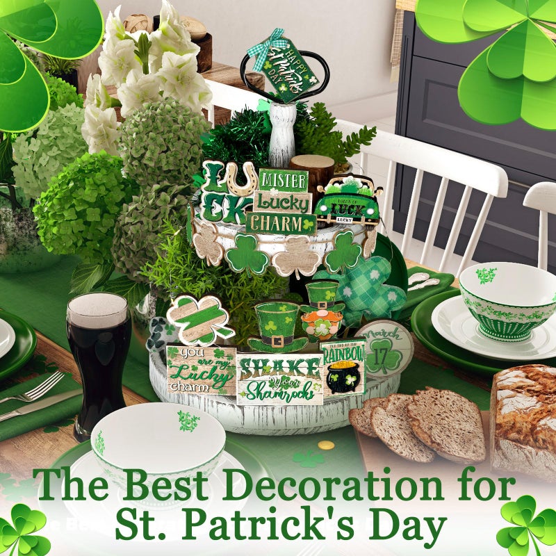 Ferraycle 16 Pcs St. Patrick's Day Tiered Tray Decor Set Shamrock Gnome Truck Wood Sign Rustic Irish Theme Table Centerpiece Tabletop for Home Table(Clover) - Image 5