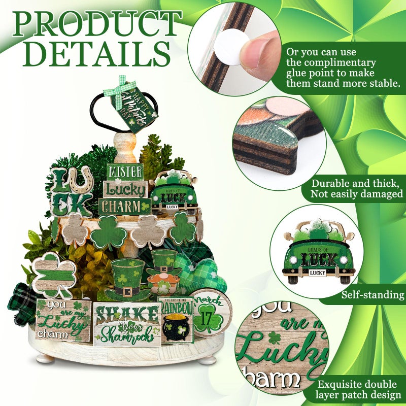 Ferraycle 16 Pcs St. Patrick's Day Tiered Tray Decor Set Shamrock Gnome Truck Wood Sign Rustic Irish Theme Table Centerpiece Tabletop for Home Table(Clover) - Image 3