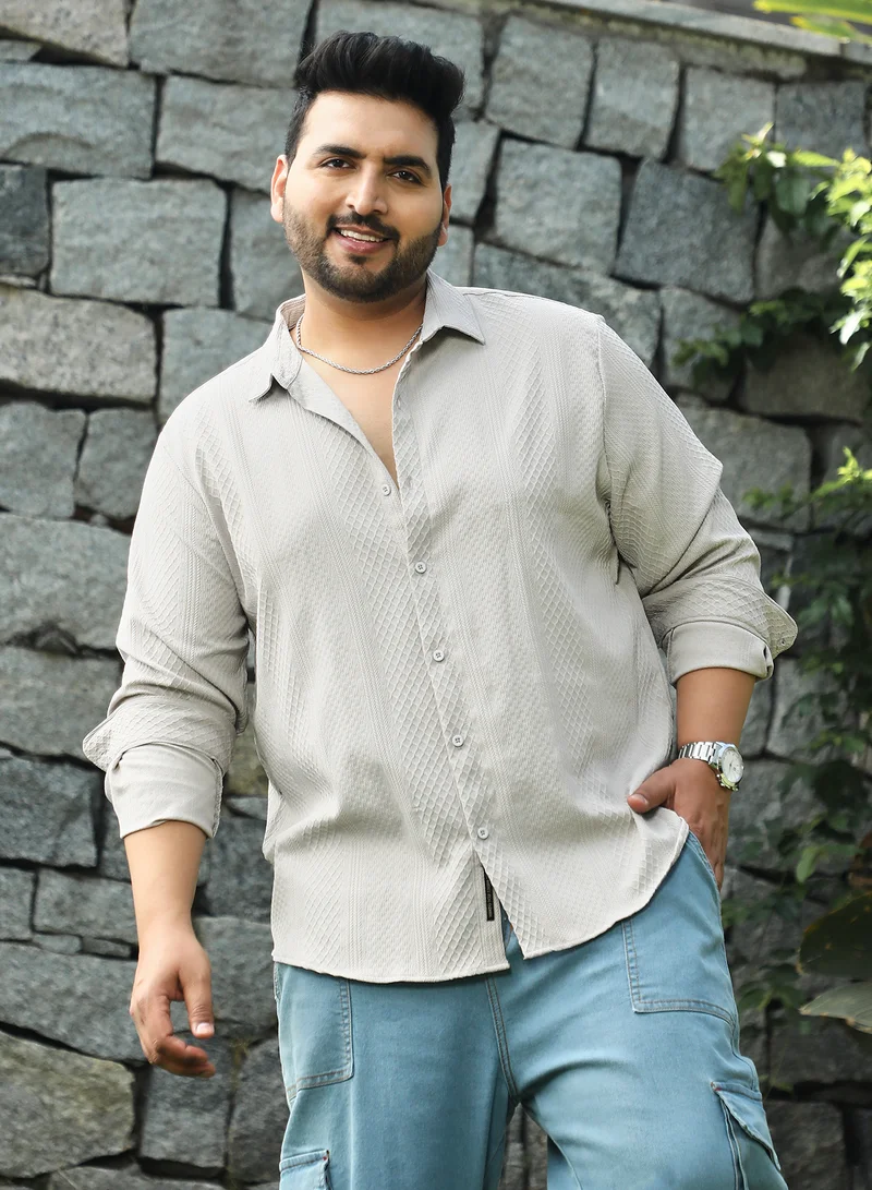 Instafab Plus Instafab Plus Men's Ecru Beige Vertical Tactile Shirt For Casual Wear | Spread Collar | Long Cuffed Sleeves | Button Closure | Plus Size Shirt Crafted With Comfort Fit For Everyday Wear