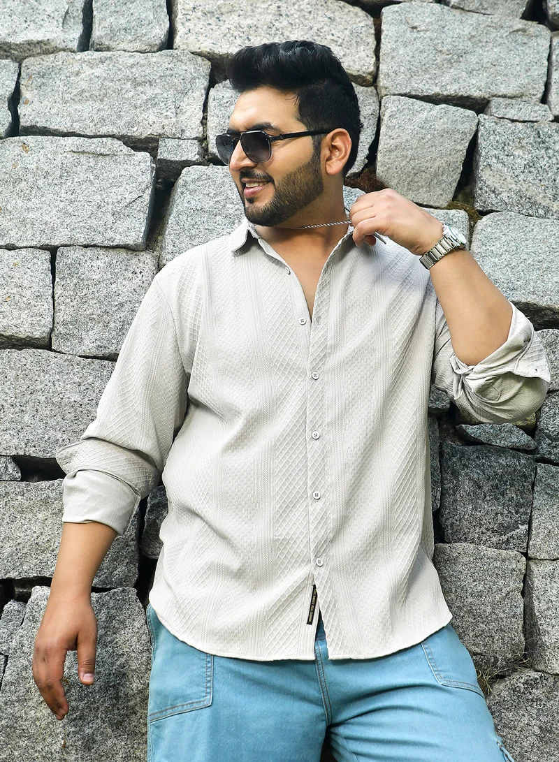 Instafab Plus Instafab Plus Men's Ecru Beige Vertical Tactile Shirt For Casual Wear | Spread Collar | Long Cuffed Sleeves | Button Closure | Plus Size Shirt Crafted With Comfort Fit For Everyday Wear