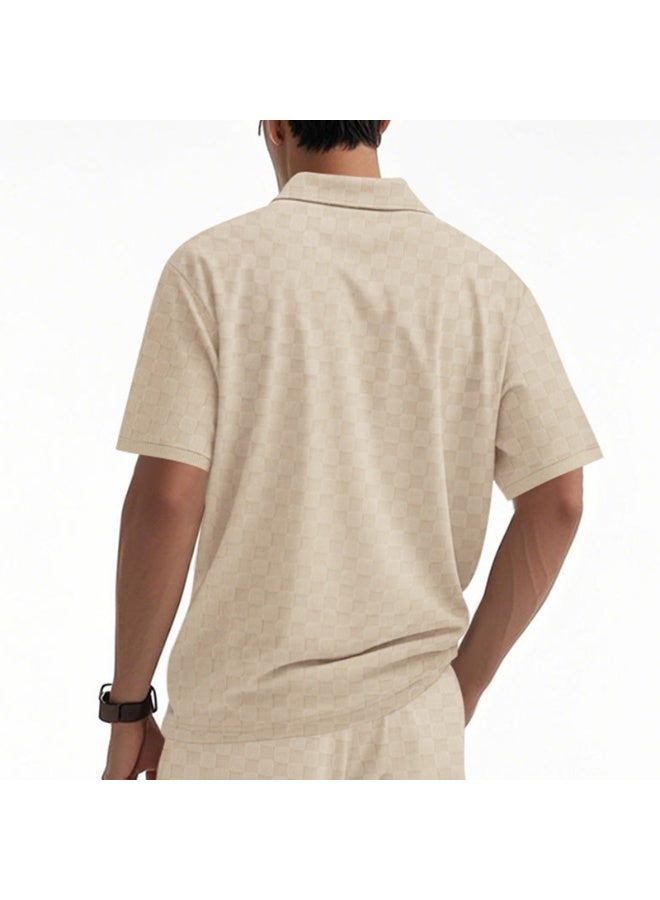 Summer Casual Men's Polo Shirt Half Zipper Short Sleeve Heavyweight Chess Grid Embroidery Loose Fit Male Model Fashion Top - Image 2