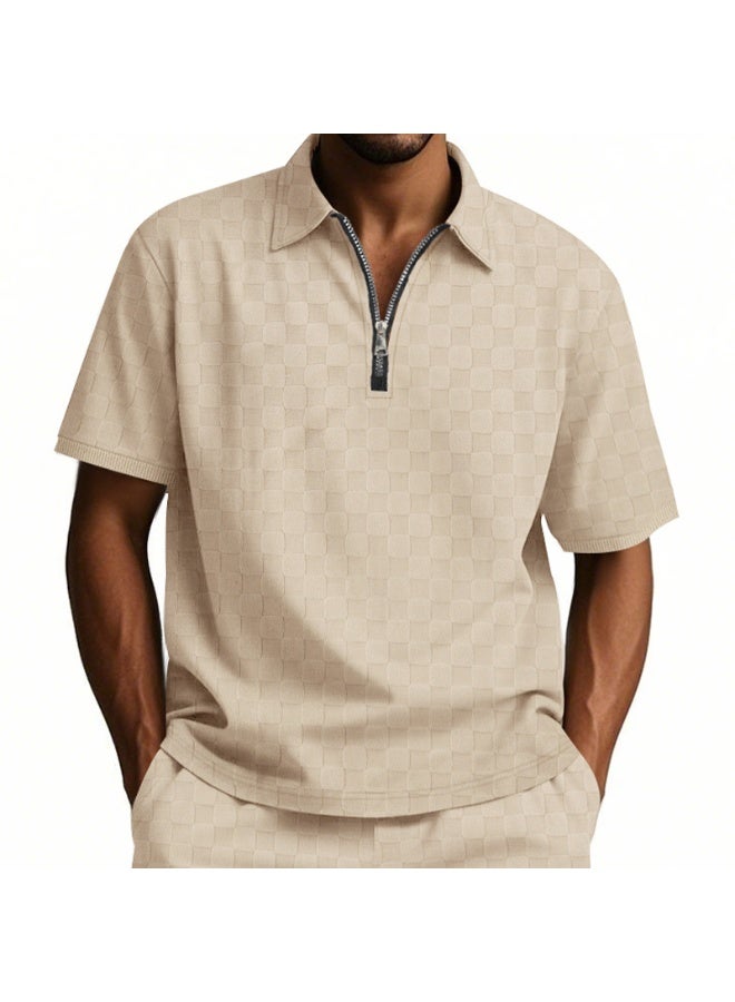 Summer Casual Men's Polo Shirt Half Zipper Short Sleeve Heavyweight Chess Grid Embroidery Loose Fit Male Model Fashion Top - Image 1