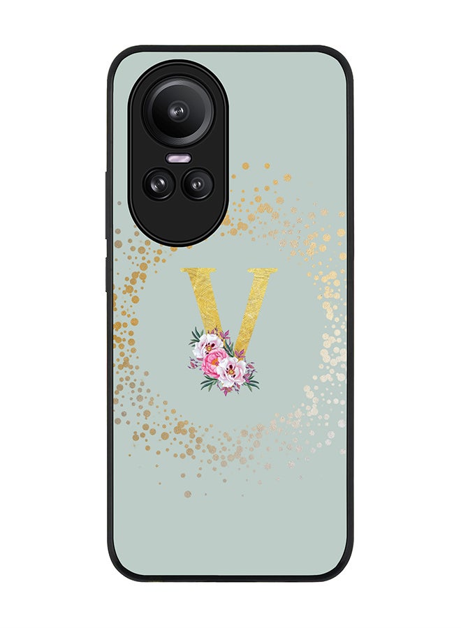 Stylizedd Rugged Black Edge case for Oppo Reno10 / Oppo Reno10 Pro Case Cover - Custom Monogram Initial Letter Floral Pattern Alphabet - V (Light Grey) - Image 1