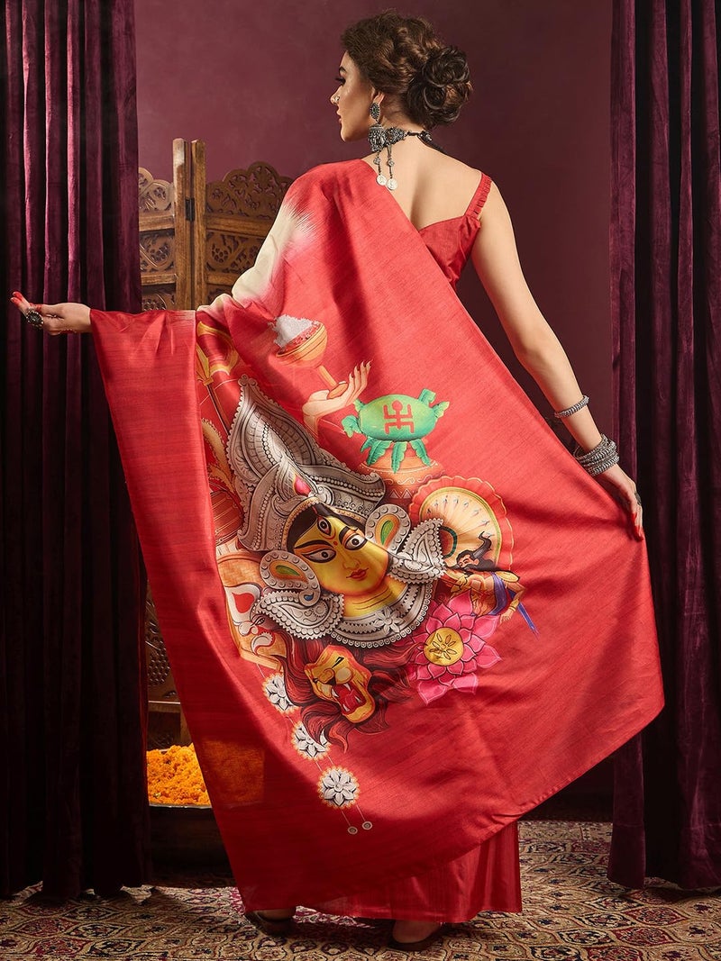 SAREE MALL Women's Off White Silk Blend Ethnic Motif Printed Saree With Unstitched Blouse (DURGA2404_HS) - Image 2