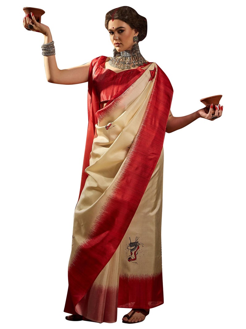 SAREE MALL Women's Off White Silk Blend Ethnic Motif Printed Saree With Unstitched Blouse (DURGA2404_HS) - Image 1