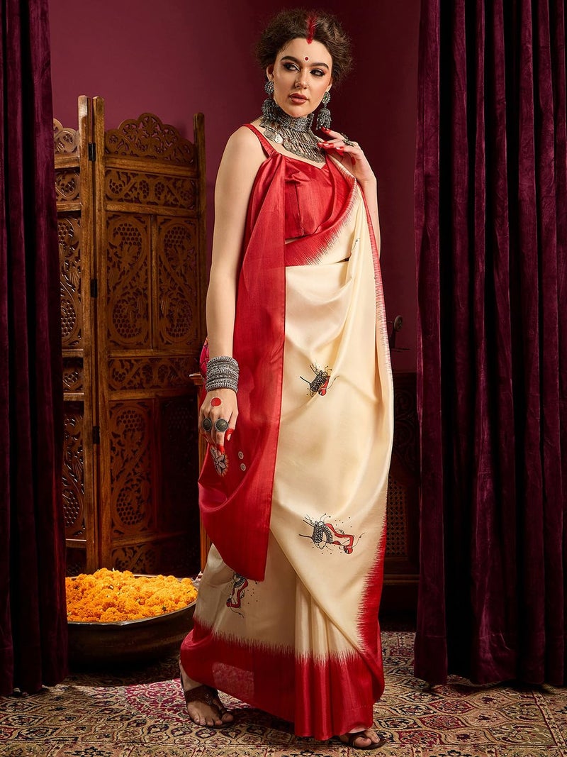 SAREE MALL Women's Off White Silk Blend Ethnic Motif Printed Saree With Unstitched Blouse (DURGA2404_HS) - Image 4